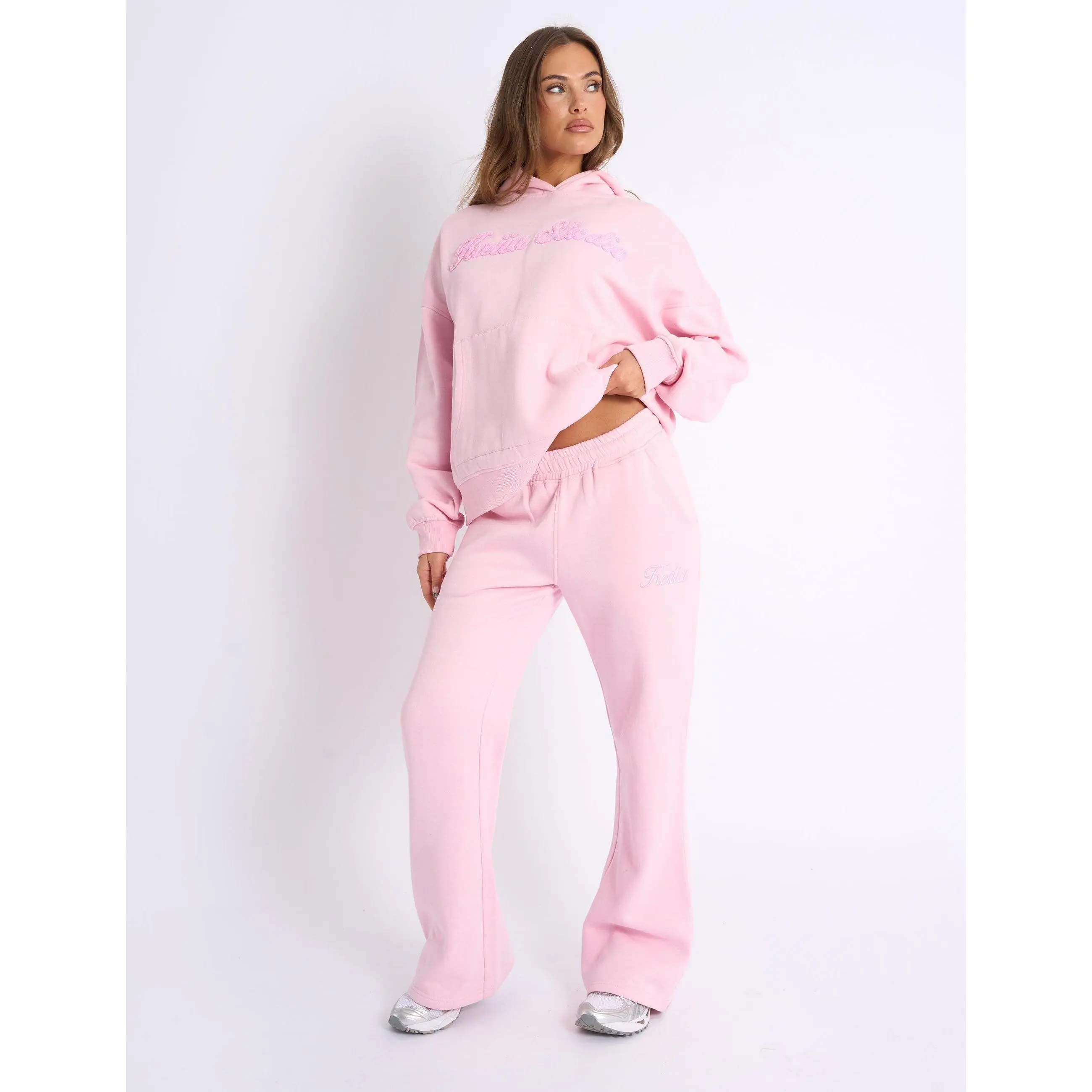 Kaiia Script Logo Wide Leg Joggers Baby Pink