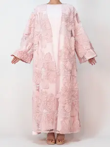 Women's 2-Piece Big Floral Beaded Open Abaya and Satin Inner Dress Set, Fashionable for Spring & Fall