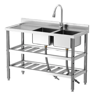 Double-bowl sink with a pull-down faucet, built-in workbench, and adjustable legs. 47 inches of freestanding stainless steel ready for kitchens, laundry rooms, garages, or pet wash stations. Tap to grab yours.