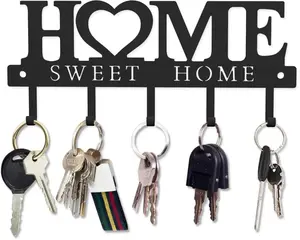 Key Holder Hooks Organizer Hanger Rack Wall Mounted with Screws and Anchors Home Sweet Home Wall Metal Decor for Entryway Front Door Kitchen Hallway Garage Mudroom Office 9.8inches/25cm Wood Gift