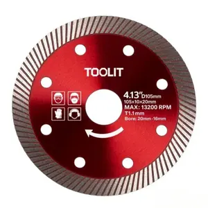 2PCS 105mm (10.49 cm) ultra-thin diamond ceramic cutting discs, suitable for cutting porcelain, ceramic tiles, granite, bricks, and concrete, measuring 105 x 10 x 20mm. Includes a 20mm to 16mm corrugated adapter.