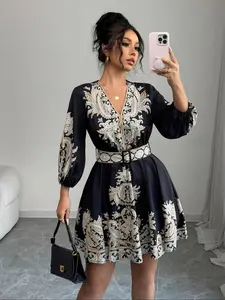 Women's Ethnic Print Fitted Dress with Waist Belt Detail, Elegant Chic Vacation Style New Spring Summer, Floral A-Line Long Sleeve Dress