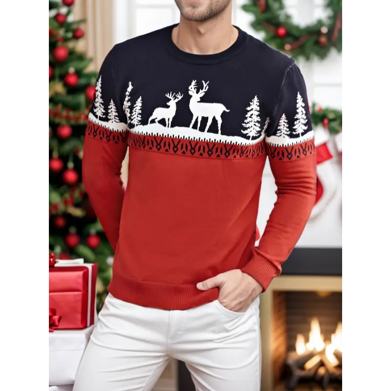 Men's Slim Fit Christmas Reindeer Sweater, Long Sleeve Festive Party Style in a Glossy Stretch Polyester Knit Fabric with Crew Neck, Hand Wash, Longsleeves, Animals, 100% Polyester
