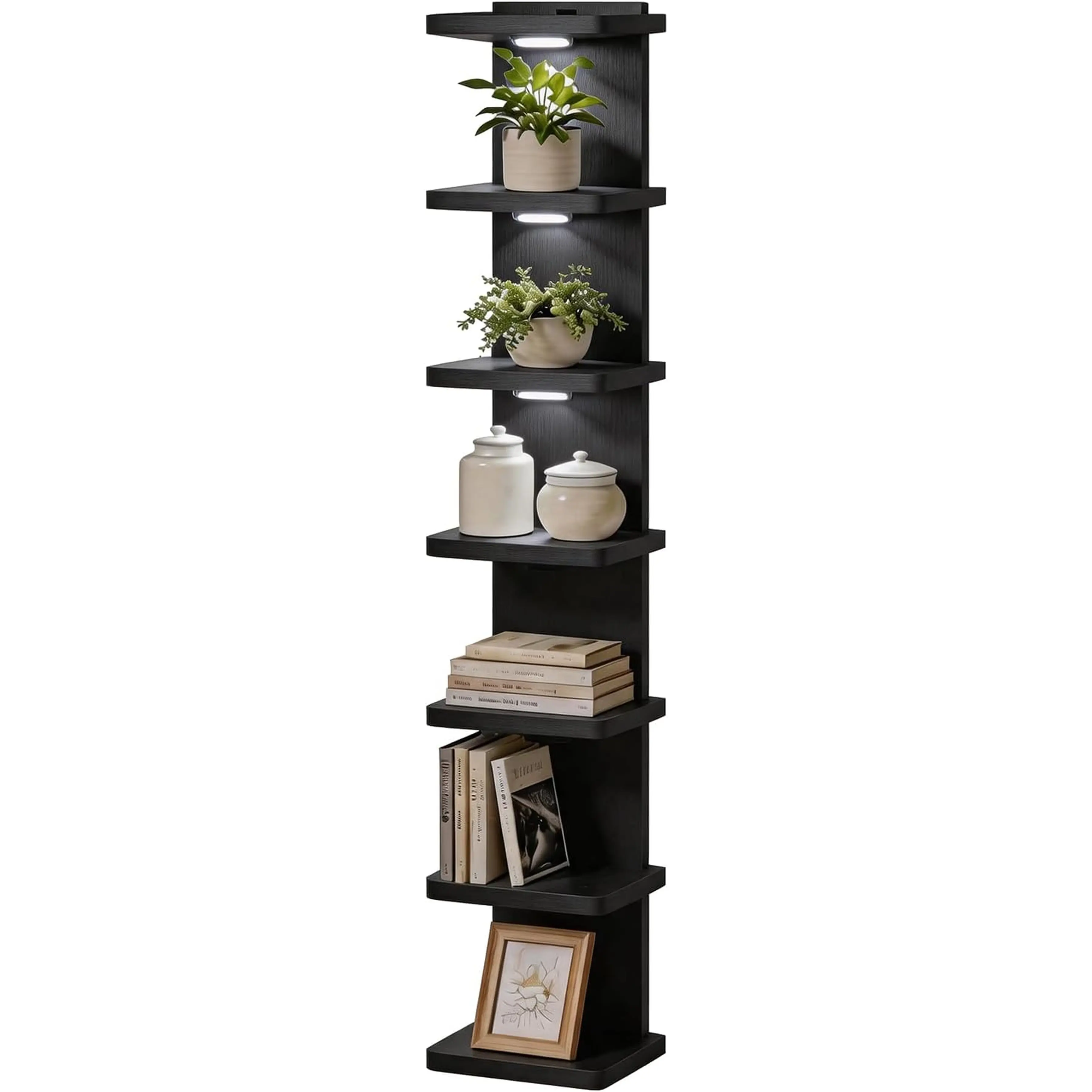 7 Tier Wall Shelf Unit, Lack Wall Shelf, Vertical Floating Shelves with 3 LED Lights for Bedroom, Living Room and Vanity Decor (Black) OFDMNY
