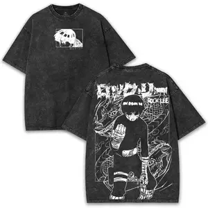 Rock Lee Washed Tee With Dual-Sided Print – Washed Vintage Shirt For Fans of Naruto’s Hardworking Ninja Spirit Cotton Menswear