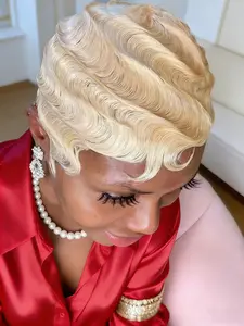 613 Blonde Pixie Cut Wig Short Finger Wave Human Hair Full Machine Made for Women