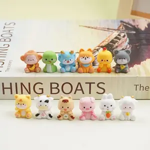 12pcs 3D Cute Animal Resin Zodiac Figurines, DIY Craft Car Decorations, Miniature Healing Desk Ornaments, Wooden Rotating Display