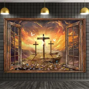 Jesus Christ Cross Sunrise Tapestry Sunset Sepulcher Lord Pray Easter Crucifixion Religious Belief Wall Hangings Decor Large Tapestry for Bedroom Living Room Dorm College Church Man Cave