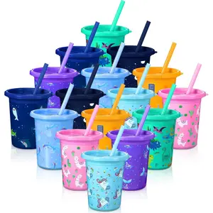 16 Pcs Plastic Kids Cups with Lids and Straws 10 oz Kids Cups with Straws and Lids for Christmas Gifts Girls Boys Party Smoothie, Reusable Cute Cups