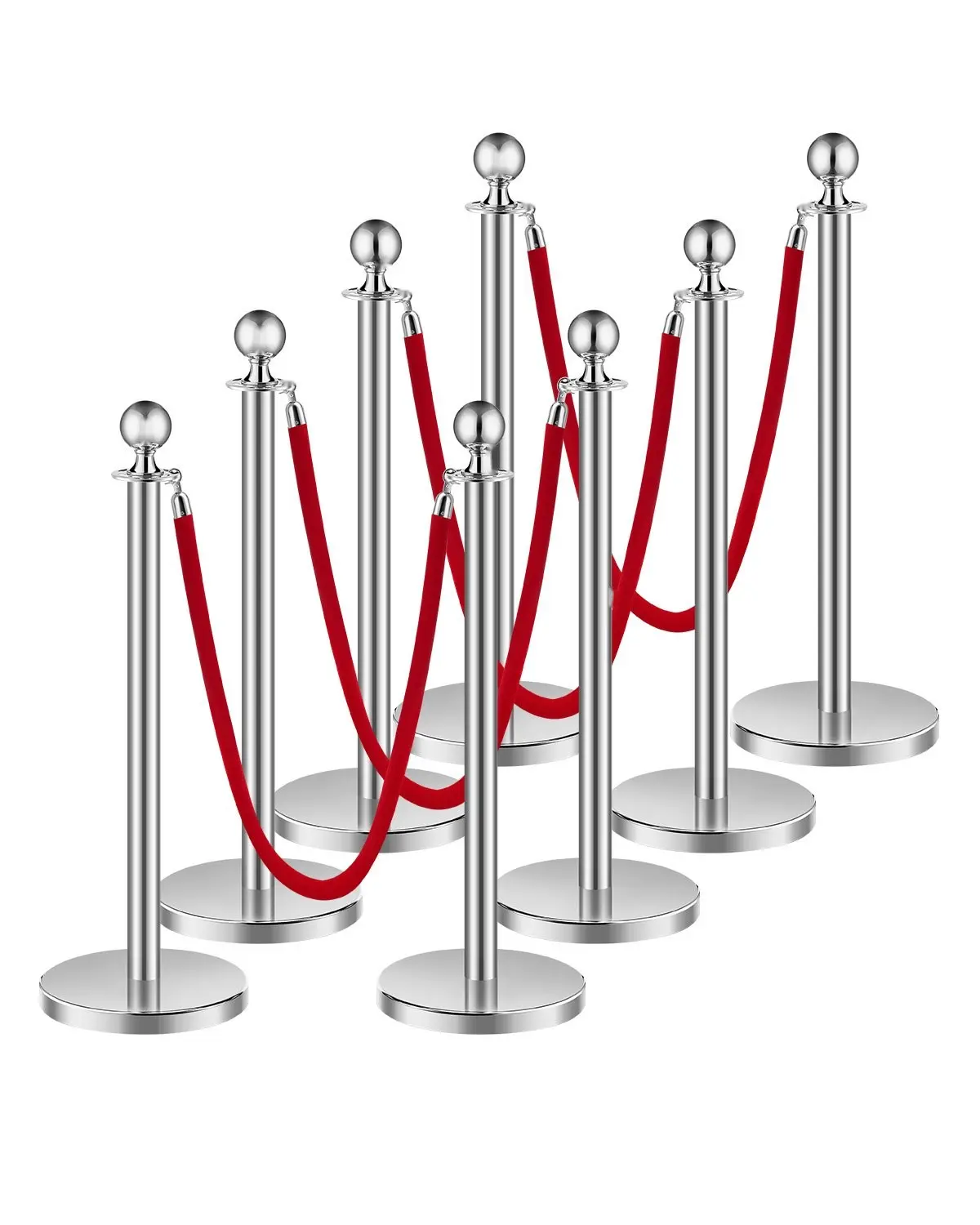 Stanchions And Velvet Ropes 8Pcs, Hollow Base With Stainless Steel Post, 4 Red Velvet Ropes And Posts, Crowd Control Barriers Silver Stanchions, Red Carpet Runner Poles For Party Supplies