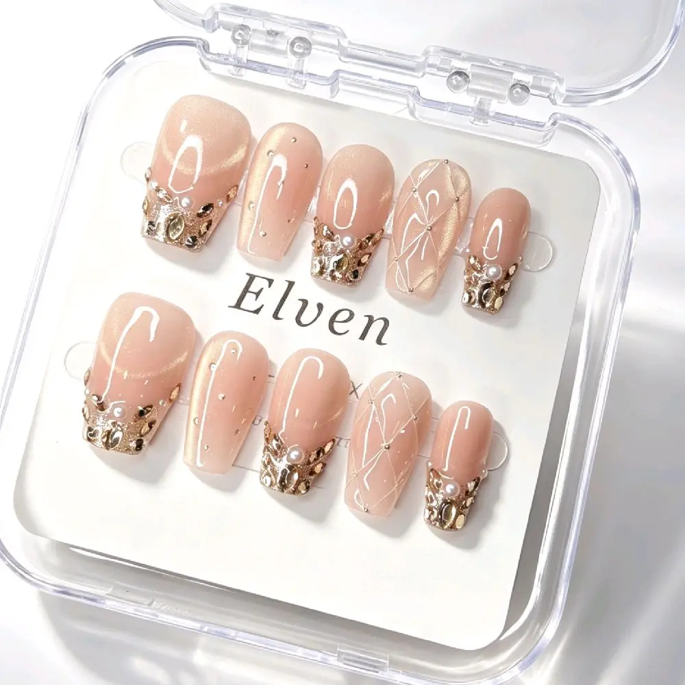 Nude Shimmer Cat Eye Press On Nails Gold Rhinestone French Tips Pearls Rhinestones Short Coffin Handmade Reusable Fake Nails Salon Quality