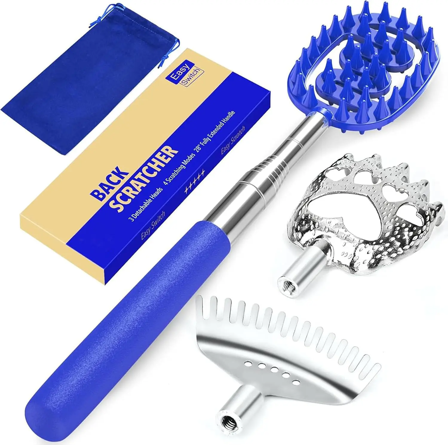 30.91 in Oversized Metal Backscratcher Massager for Adults, Extendable Pole with Twist Lock, 3 Detachable Heads, Stainless Steel Body Care Tool, Christmas Gift, W/ Storage Pouch & Relief Manual