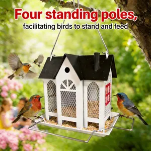 Bird Feeder House for Outside Metal Mesh Triple Feeders for Finch Cardinal Chickadee Large Capacity Weatherproof Durable Double-Sided Metal Hanger Metal Perch Bars on All Four Sides   Bird Feeding Outdoor Decor Christmas Gift for Bird Lovers