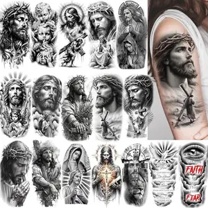 17 Sheets Unique Christ Jesus Temporary Tattoos For Men Women Forearm Half Arm Tatoos Sleeve, Realistic Holy God Angel Pray Fake Tattoos For Adults Christian Faith Carved Tattoo Sticker Long Lasting