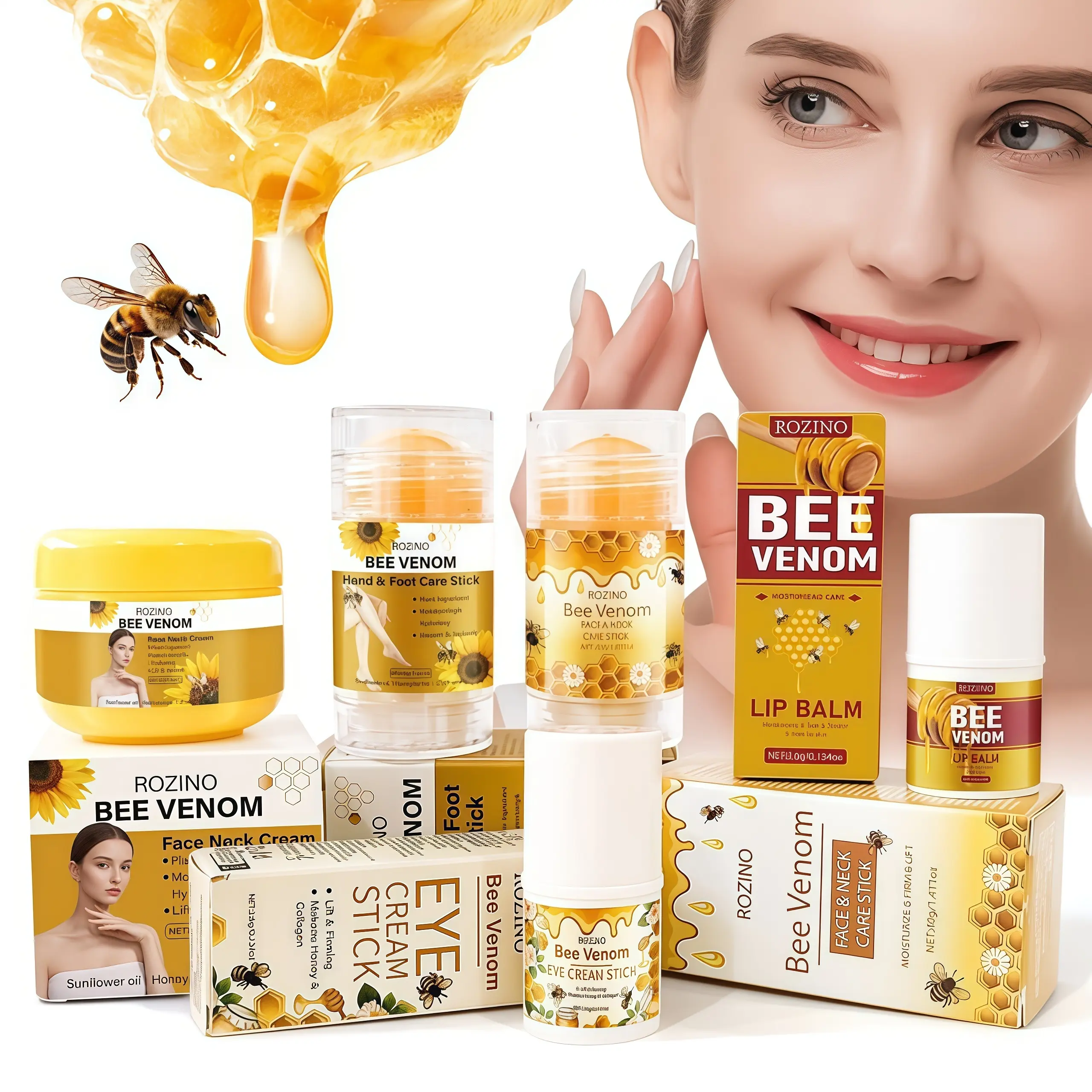 ROZINO 5-Piece Bee Skin Care Gift Set - Firming & Lifting Balm for Face, Neck, Eye & Lip, Anti-Aging Repair Stick for Tech Neck & Fine Lines, Intensive Moisturizing Beauty Products for Youth, Women's Gift, All Skin Types, Foam Compact lift bodyskin cream