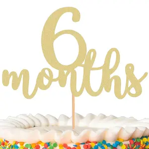 1pack 6 Months Cake Topper Golden Glitter Bamboo Cake Topper Half Way to One Cake Decoration Happy 6 Month Birthday Party Supplies