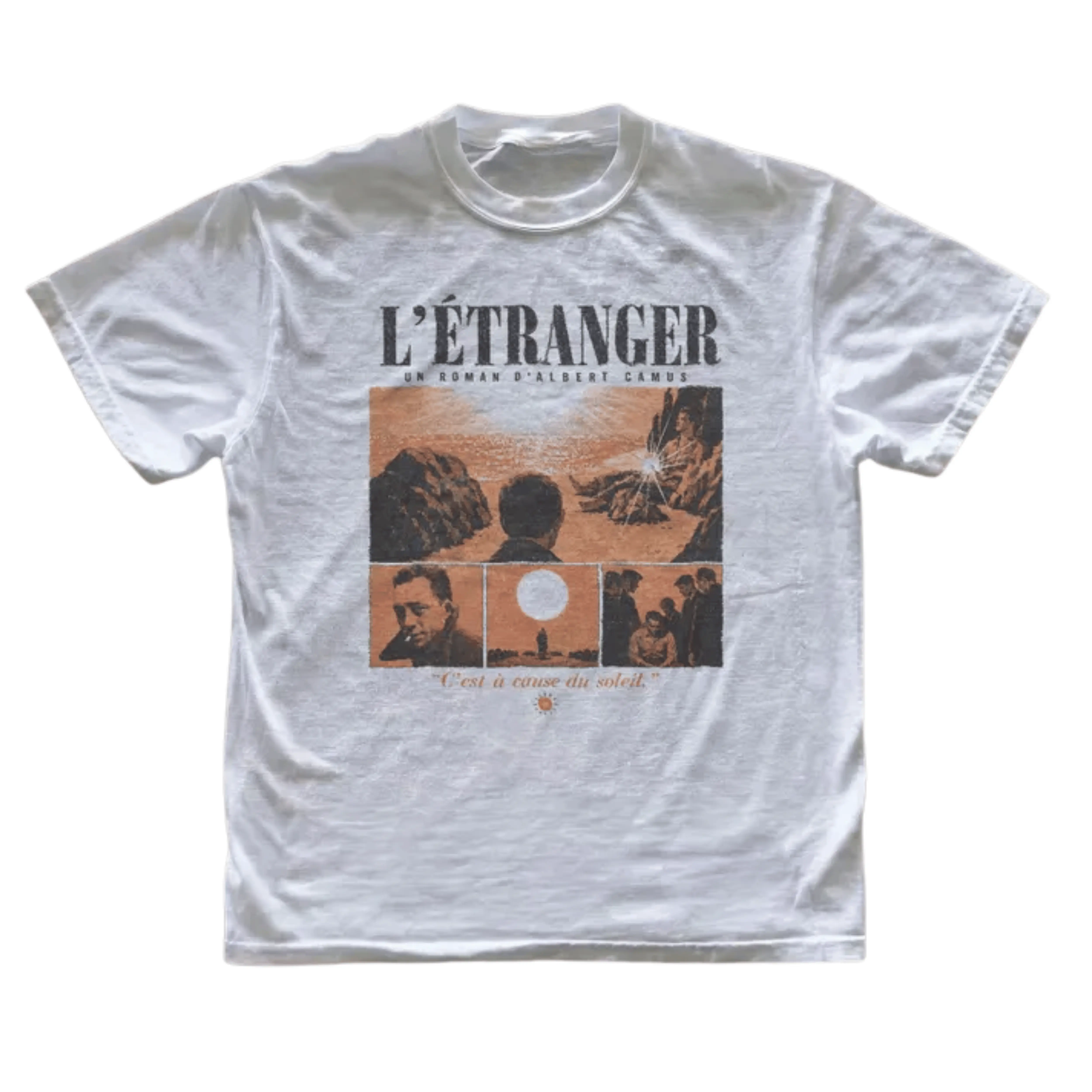 Gildan Men's and Women's T-shirt, Vintage Albert Camus Graphic Tee, The Stranger L'Etranger Novel Shirt, Existentialist Absurdist Philosophy Top, C'est A Cause Du Soleil Quote, French Literature BookTok Merch, Dark Academia Gift for Book Lovers Streetwear