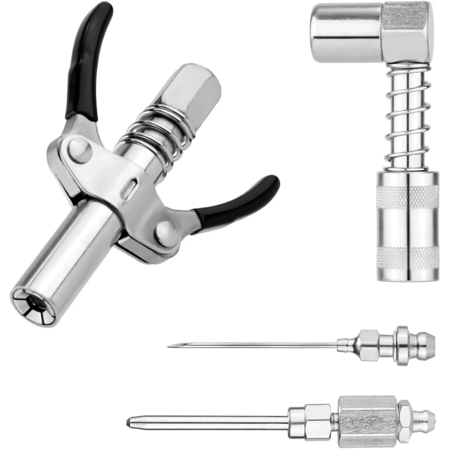 4/3Pcs Heavy Duty Grease Gun Set - Include 90 Degree Grease Gun Coupler Adapter, Double Handles Grease Gun Coupler, Grease Needle, Needle Tip Dispenser Fit 1/8" NPT Grease Gun