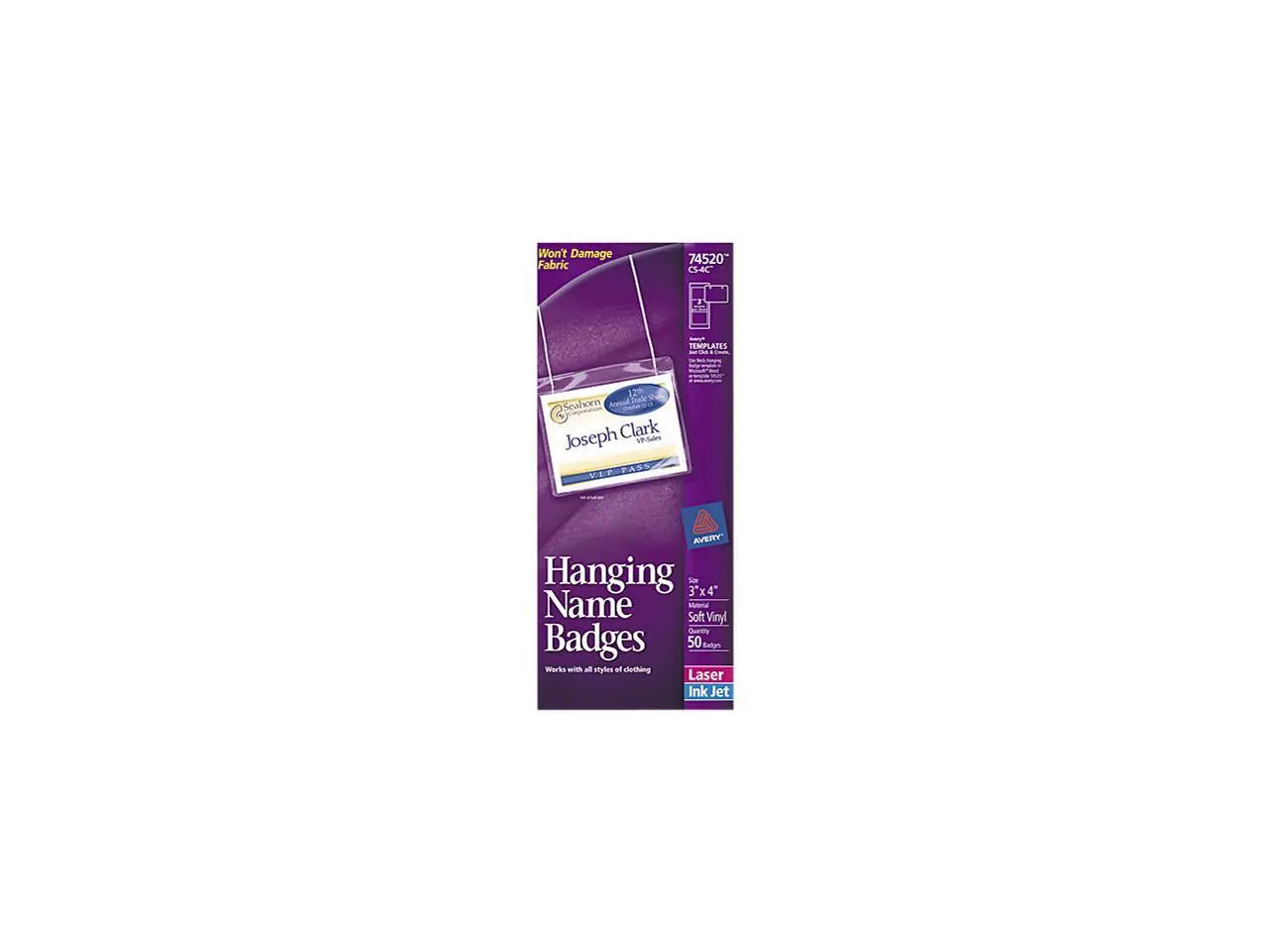 Avery 74520 Neck Hanging-Style Flexible Badge Holders, Top Load, 3 x 4, White, 50/Box