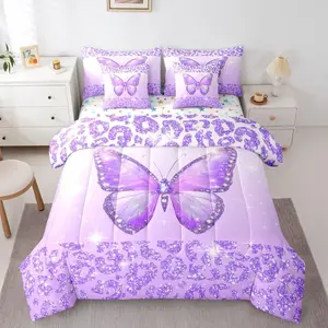 Cute Butterfly Comforter Set 7 Pieces Leopard Print Bedding Set Boys Girls Butterflies Print Bed in a Bag with Comforter,Sheets,Pillowcases,Cushion Covers Glitter Princess