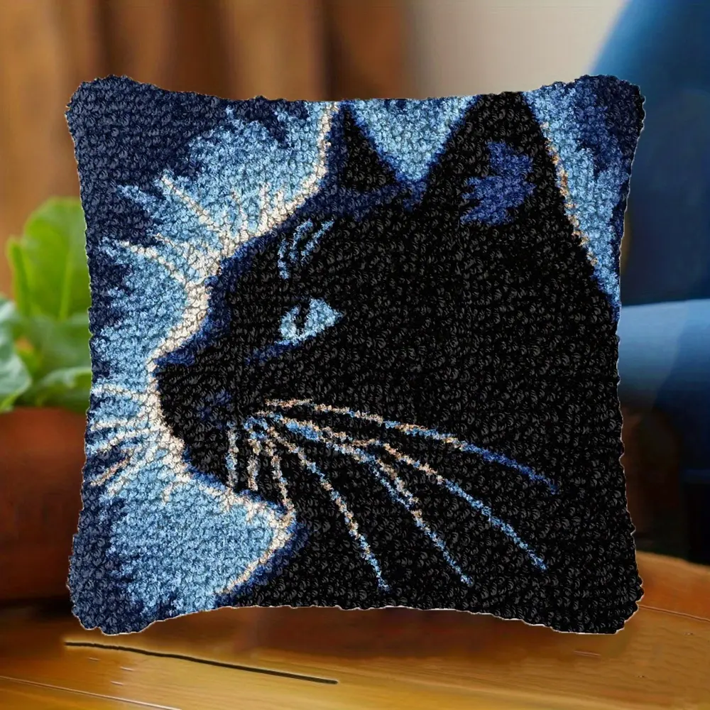 Latch Hook Pillow Kits Simple Black Cat DIY Pillowcase Cushion Cover Crochet Hooking Pillow Making Kits with Color Pattern Canvas Crochet Hooking Kits Pillow 43cmx43cm17inx17in