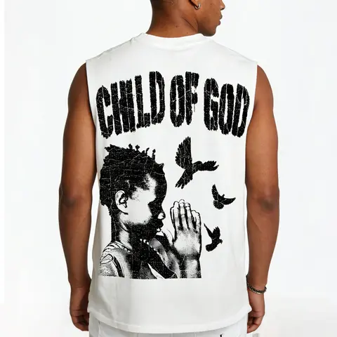 Sopula Studio Men's "Son of God" Peace Prayer Pattern Sleeveless Round Neck Casual Style Tee, Menswear Summer Shirt, father'sdaygifts Streetwear Crewneck,back to school,back to school shopping