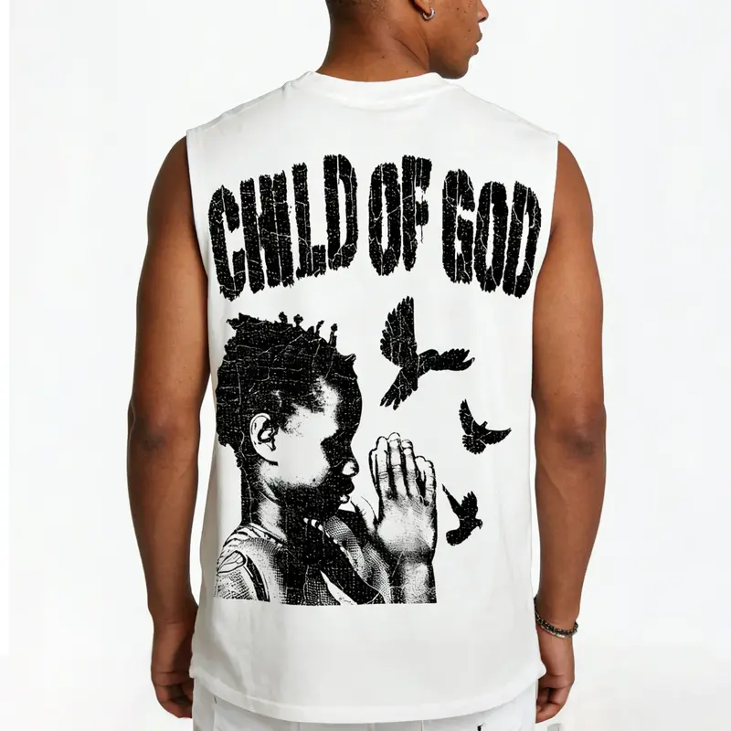 Sopula Studio Men's "Son of God" Peace Prayer Pattern Sleeveless Round Neck Casual Style Tee, Menswear Summer Shirt, father'sdaygifts Streetwear Crewneck,back to school,back to school shopping