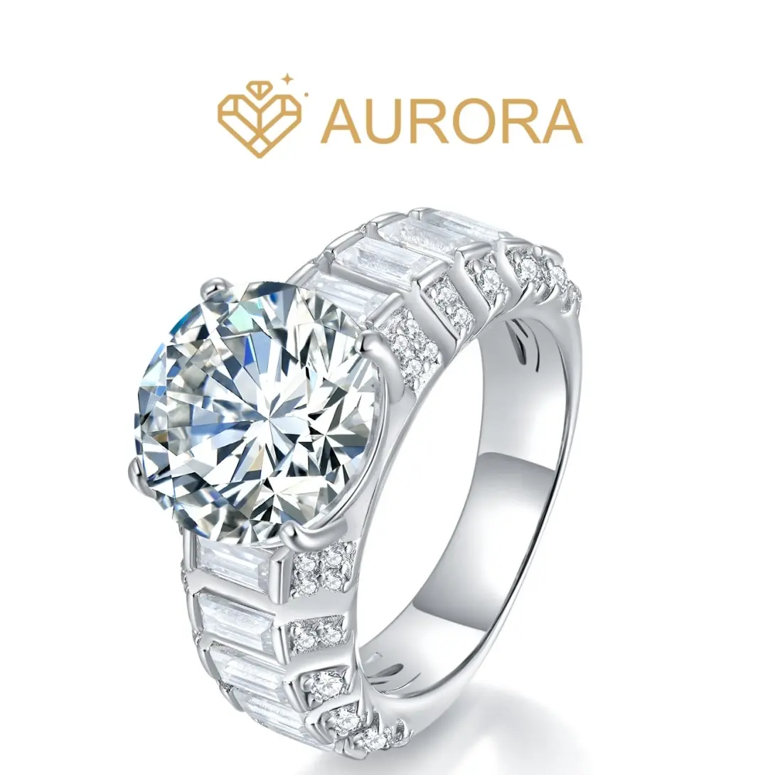 【#47 Tarsha】925 Sterling Silver Fine Moissanite Ring, Elegant Round Modern Glamorous Artificial Gemstone Engagement Ring with Full Moissanite Main and Side Stones, Fine Moissanite Rings