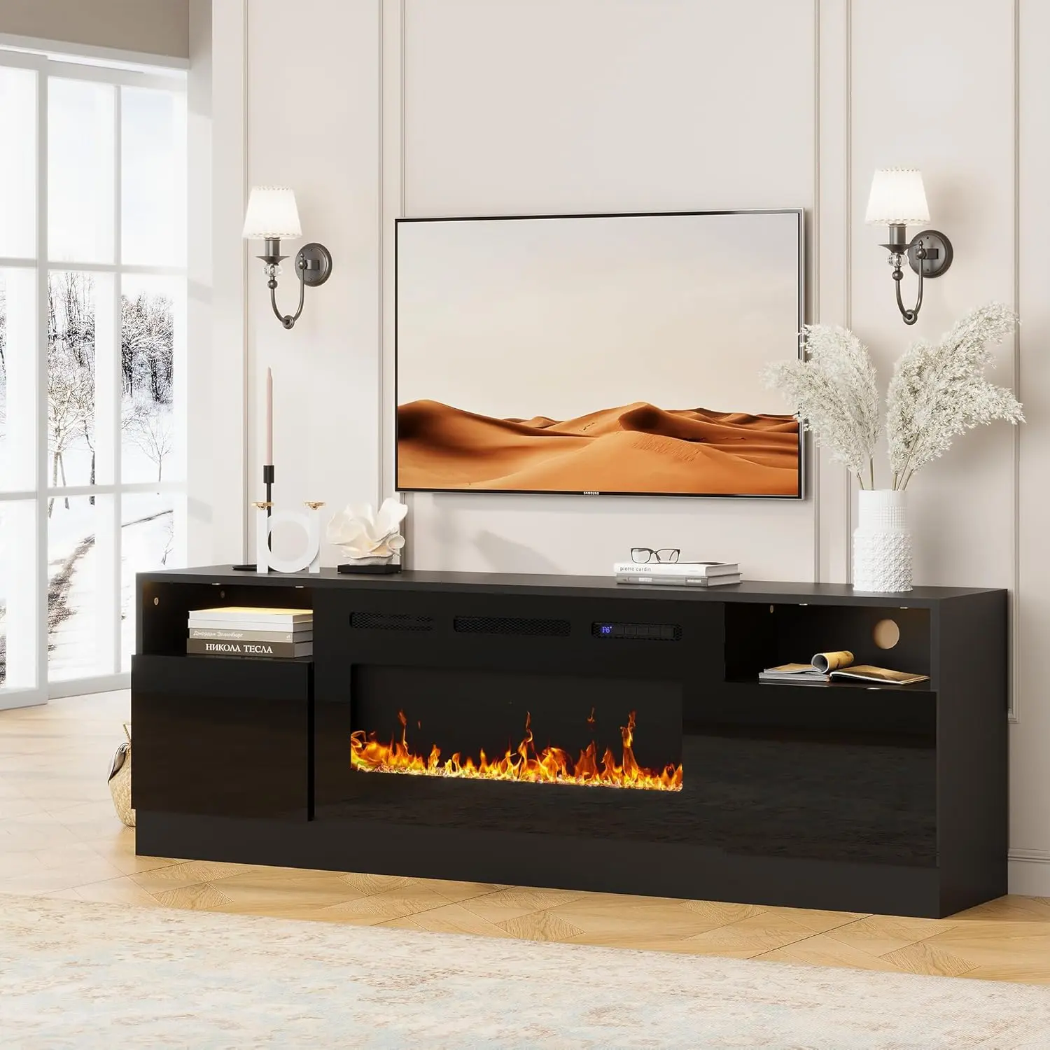 Black 70-in Freestanding Modern Living Room TV Stand with 36-in Electric Fireplace, Glossy Tempered Glass, MDF Frame, Metal Support, Entertainment Center, Fits Up to 80-in TVs, 12 Flame Colors, 5 Brightness Levels, Storage Shelf Console, Apartments, Gloss