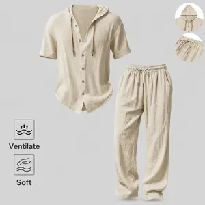 Mens Linen Two Piece Set Summer Outfit Hooded Short Sleeve Button Shirt with Drawstring Pants Matching Set for Vacation Travel Resort Wear Beach Day City Walk Weekend Party Casual Lounge Outdoor Warm Weather Daily Look