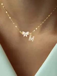 Women's Elegant Stainless Steel Pendant Necklace, Zirconia Letter Bow Design, All-Season Fashion Jewelry, Necklace Initial