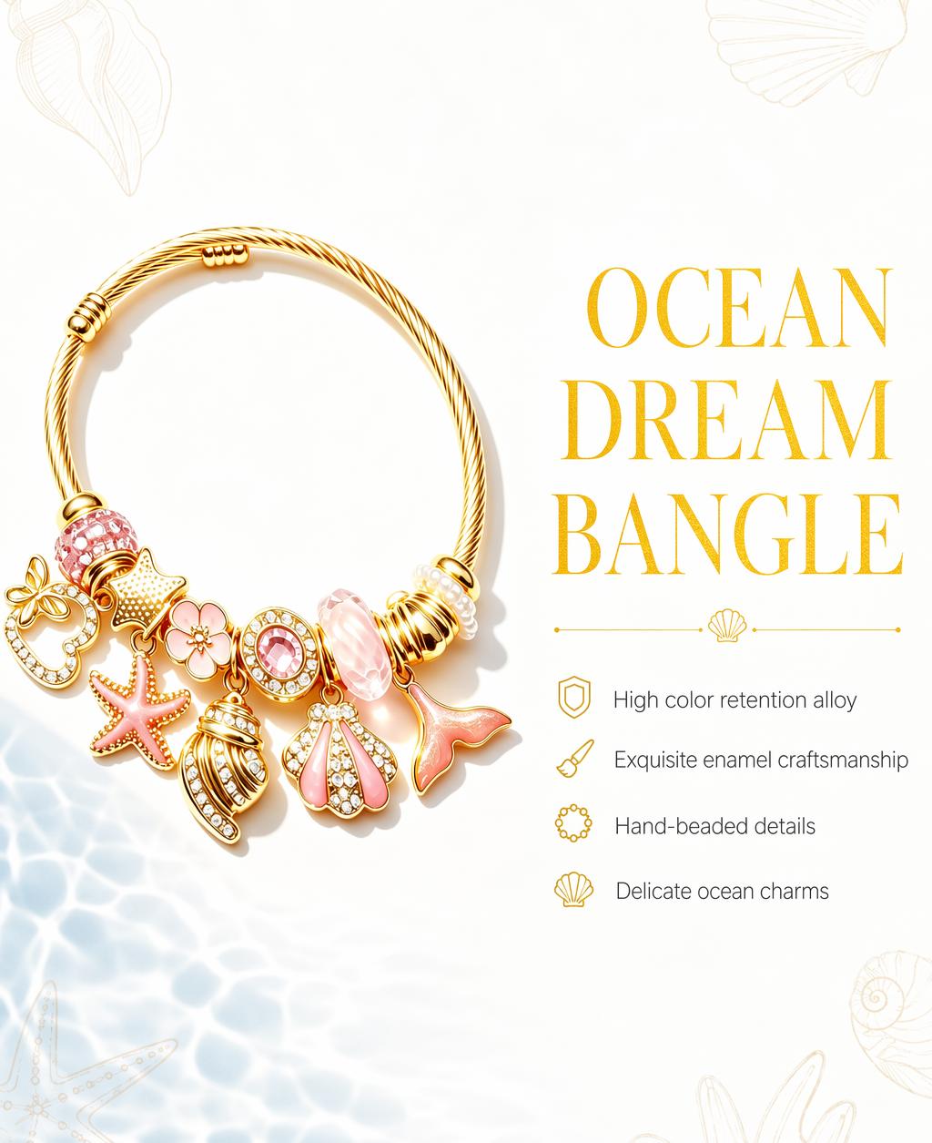 Pink Gold Tone Ocean Theme Charm Bangle, Adjustable Open Cable Wire Bracelet with Starfish, Seashell, Mermaid Tail, Heart Pendant, Transparent Pink Crystal Rhinestone Beads, Dainty Beach Jewelry Gift for Women