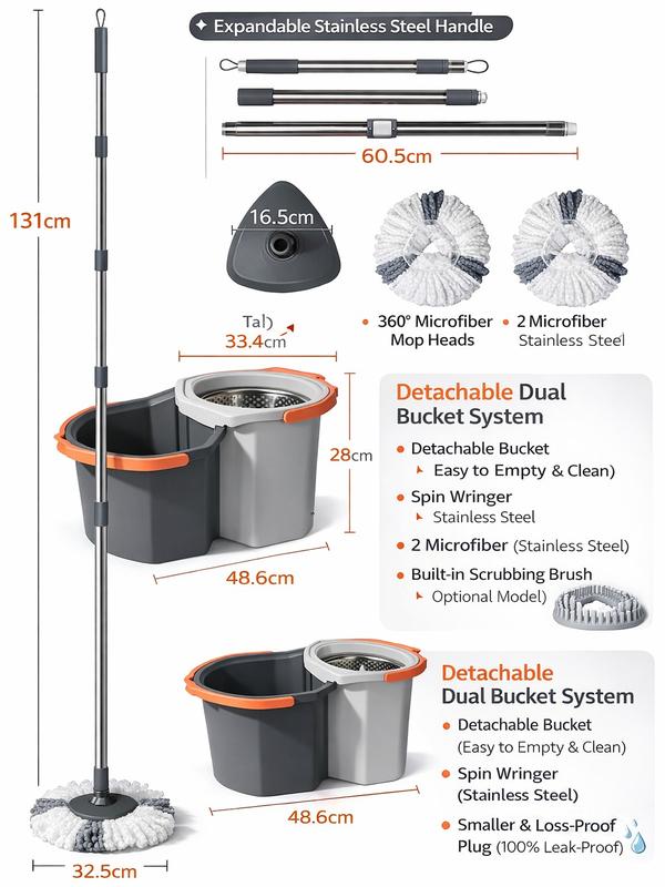 360° Rotating Spin Mop & Bucket Set with Double Bucket System & 3 Microfiber Heads for Easy Home Cleaning