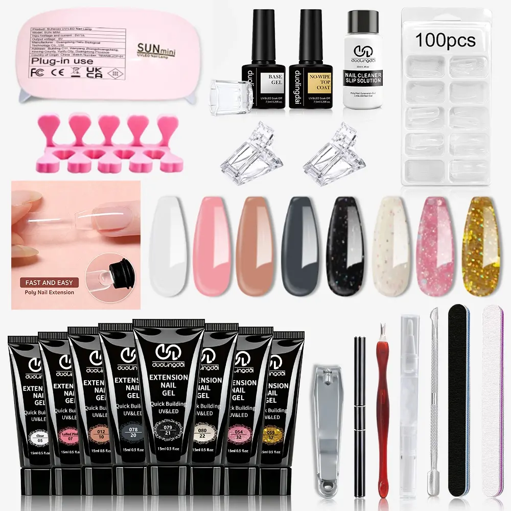 duolingdai 8 pcs Tube Poly Builder Gel Kit 04, UV Soak Off Nail Extension Sculpting Gel, Neutral Nude & Daily Fashion Shades, All-Inclusive Manicure Set With Mini UV Lamp, Base Top Coat, Slip Solution & Complete Nail Tools For DIY Nail Sculpting