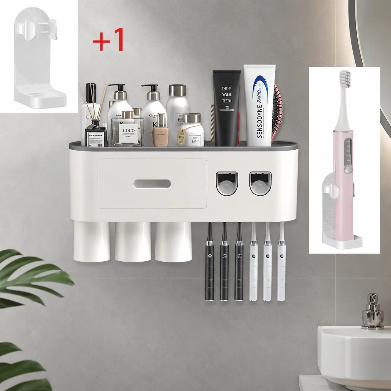 BHeadCat Wall Mounted Toothbrush Holder with Auto Squeeze Toothpaste Squeezer, 6 Brush Slots, 2 Magnetic Cups, 1 Drawer Organizer, 1 Large ABS Storage Tray Bathroom Accessory for Children