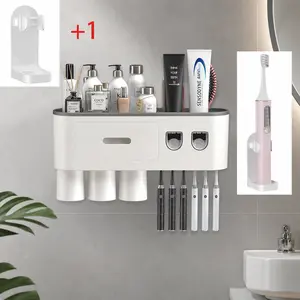 BHeadCat Wall Mounted Toothbrush Holder with Automatic Toothpaste Dispenser 6 Slots 2 Magnetic Cups 1 Drawer Organizer and 1 Large Storage Tray Bathroom Accessory