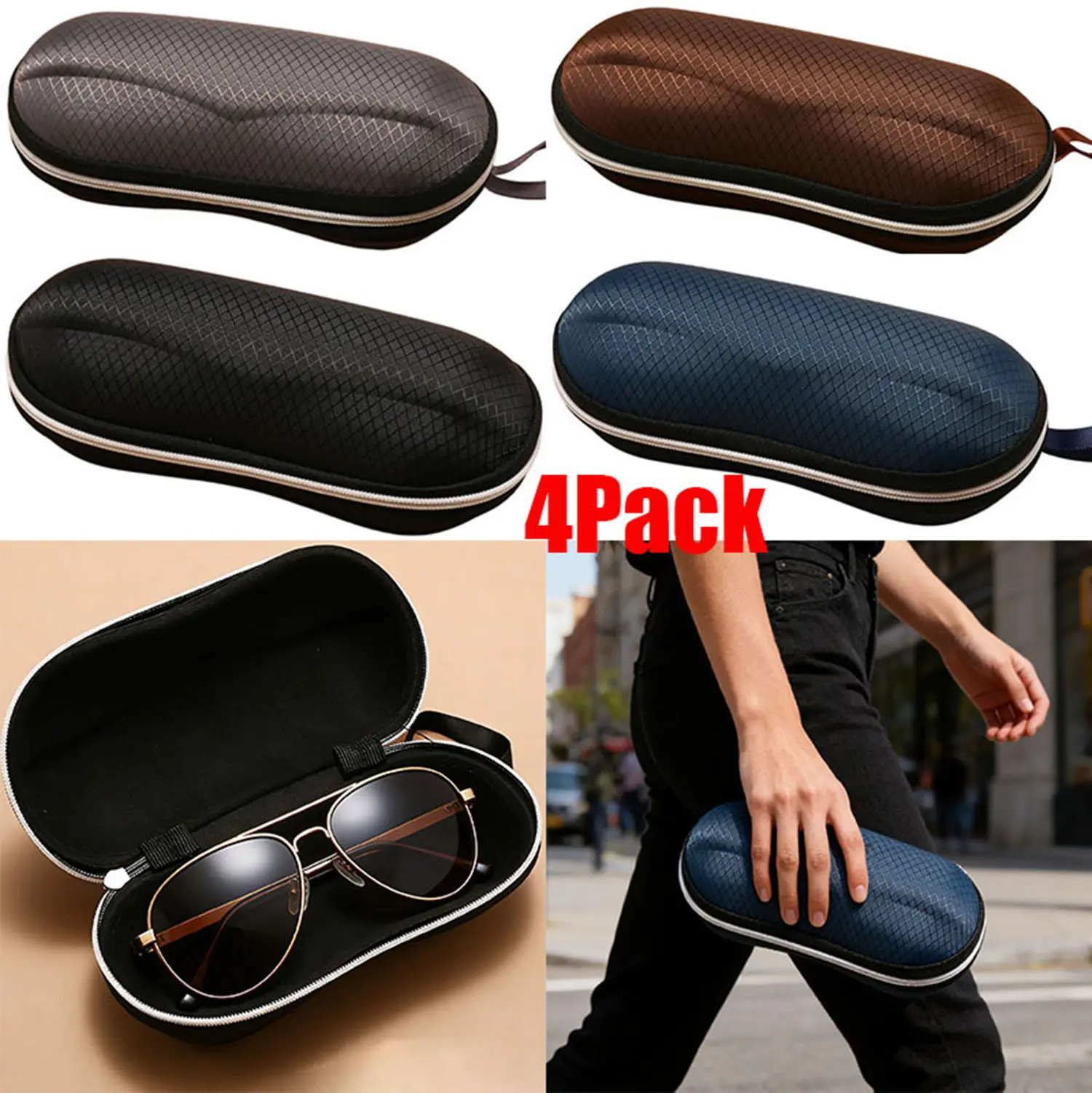 4 Pack Sunglasses Case,EVA Protective Eyeglass Holder with Lanyard, Portable Zipper Glasses Case for Men Women, Anti-Scratch Shockproof Glasses Pouch for Travel, Driving, Outdoor Activities