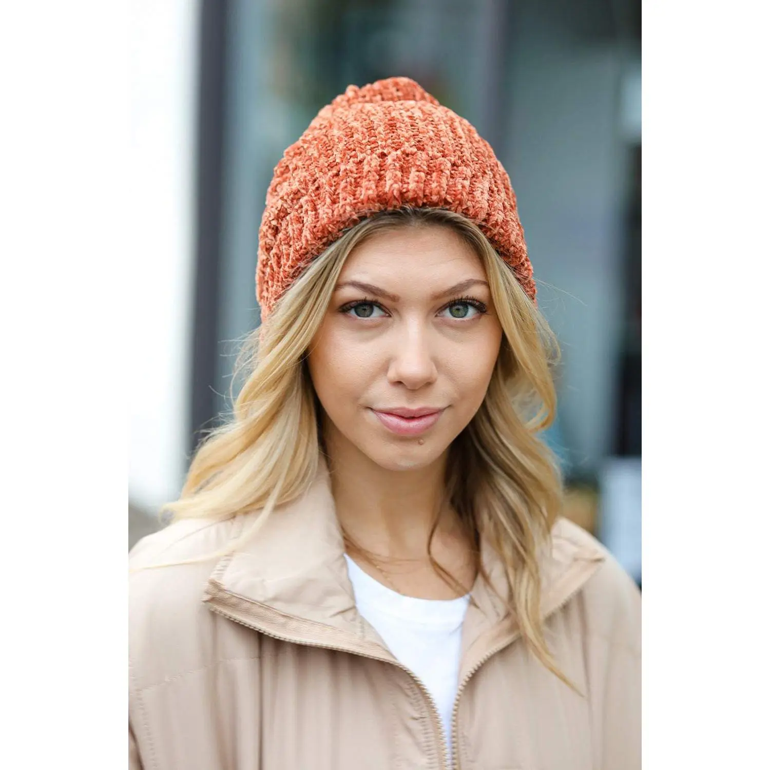 Rust Knit Velvet Chenille Fold Over Beanie