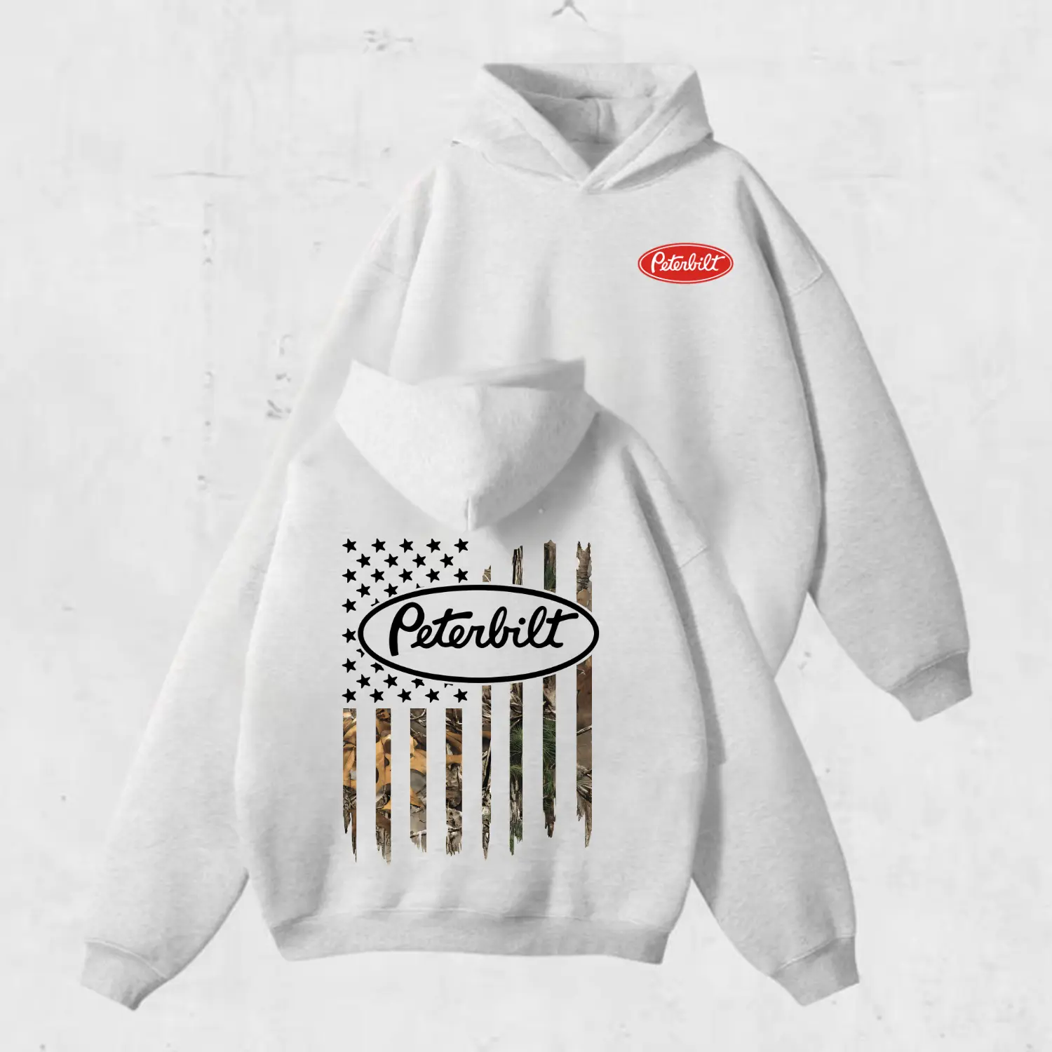 Peterbilt Camo Flag 2side Hoodie – Vintage Peterbilt Logo Sweatshirt, Retro Semi Truck Driver Hoodie, Trucker American Flag Style Pullover, Unisex Black Top