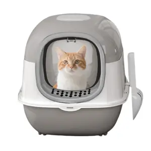 No-Mess Hooded Enclosed Cat Litter Box with Odor Control and, Standard, Multicolor, Extra Large Enclosed Cat Box with Litter Scoop - Gray/Pink
