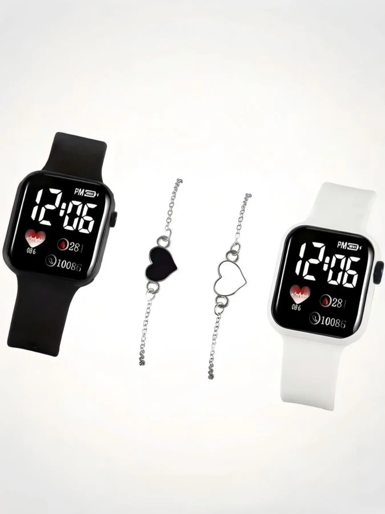 Couple Watch Set, Quartz Watch Set, Fashion Watches, Black and White Silicone LED Wristwatch with Heart-shaped Bracelet Set, Featuring Heart-shaped Illuminated Design, Unisex Gift, Silicone Strap, Birthday Gift for Lover, Luminous Fashionable Watch