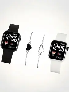 Couple Watch Set, Black and White Dual-color Silicone LED Electronic Wristwatch with Heart-shaped Bracelet Set, Featuring Heart-shaped Illuminated Pattern Design, Unisex Gift for Men and Women, Silicone Strap, Perfect Fashion Birthday Gift for Your Lover