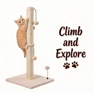 Sisal Cat Scratching Post Indoor – Heavy Duty Cat Scratcher Post with Hanging Ball Toy, Anti-Toppling Stable Base, Space-Saving Claw Sharpener for Kittens & Adult Cats – Save Your Furniture Today