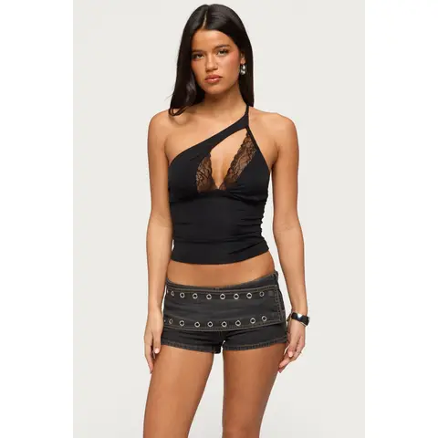 One Shoulder Peekaboo Lacey Cutout Top