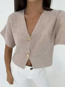 Women's Batwing Sleeve Cardigan Short Sleeves, Thick Fabric, Casual Spring & Fall, Elegant Button Design, Plain Style