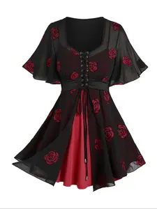 【Plus Size】 Floral Rose Embroidery Tulle T-shirt, Bohemian Ruffle Hem, Casual Tee for Daily Wear, Women Plus Clothing for All Seasons, Womenswear