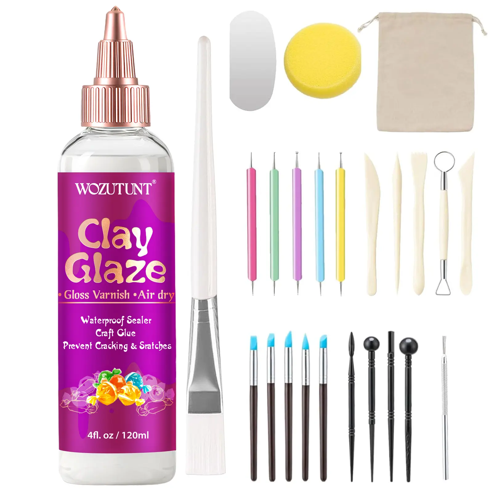 Air Dry Clay Glaze, 4 fl oz Gloss Clay Varnish with 25-Piece Pottery Tool Kit, Protective Sealant for Clay Arts&Crafts, Helps Prevent Cracking, Scratches and Wear, for Kids DIY Crafts