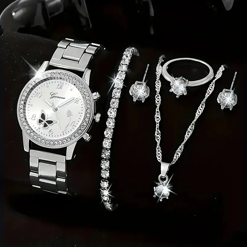 Elegant Women'S Watch Featuring A Noble Black Butterfly Design, Perfect For Everyday Wear.Comes With A Set Of Necklace, Bracelet, And Earrings, Making It An Ideal Gift For Occasions Like Women'S Day And Halloween.