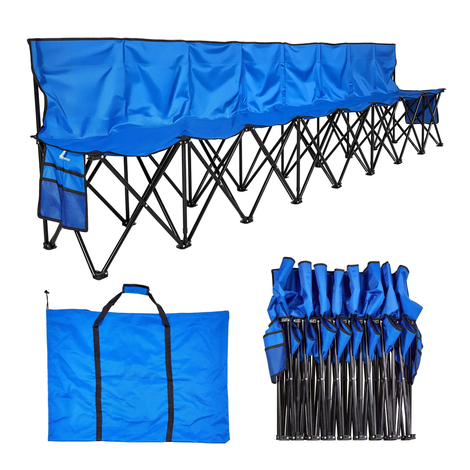 8-Seat Foldable Sideline Bench, Lightweight 600D Oxford Fabric Seating with Backrest, Pockets & Carry Bag for Sporting Events, 129.5 X 17.7 X 32.3 Inches