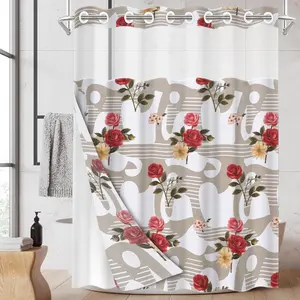 1pc hookless shower curtain with buckle lining, spring pink and white elephant print floral design, 2D flat printing, fabric waterproof lining, see-through double-layer shower curtain, 71 x 74 inches, modern home draping curtain.